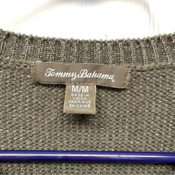 Tommy Bahama Sweater, Split Neck, Metallic, Olive Green, Tunic Length, Size L - Picture 2 of 8